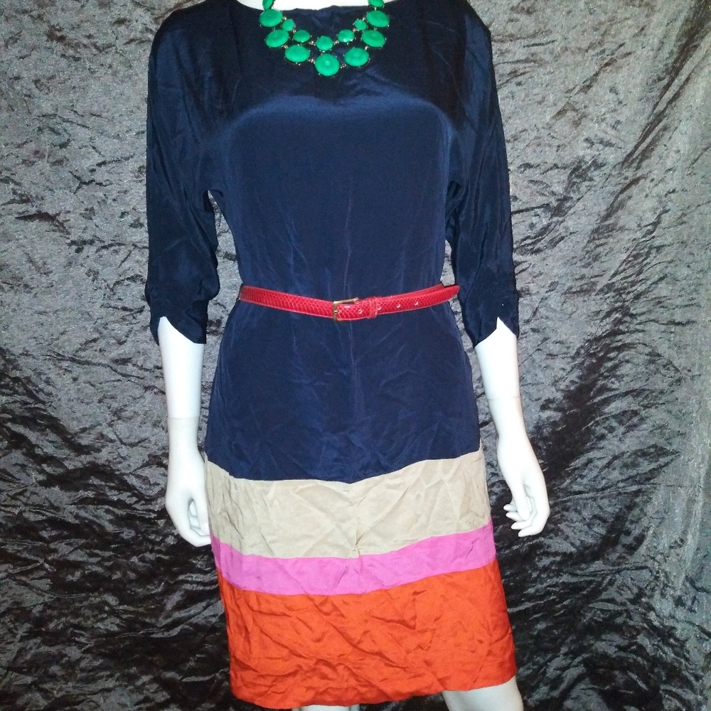 Navy Pink Orange & Beige Silk Eliza J Dress